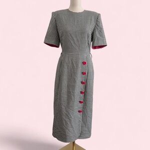 Vintage Harvé Benard Black & White Gingham Dress with Pink Buttons — Size 12